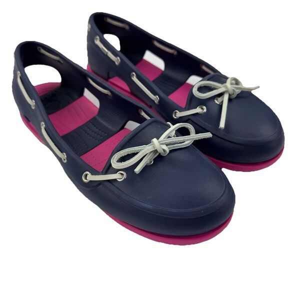 Crocs Women’s Size 10 Beach Line Boat Shoes Navy Pink Loafers Slip On - Picture 1 of 12